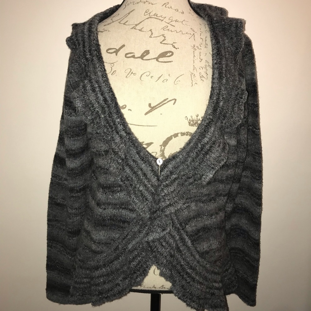 Black and gray cardigan, ruffled shawl collar